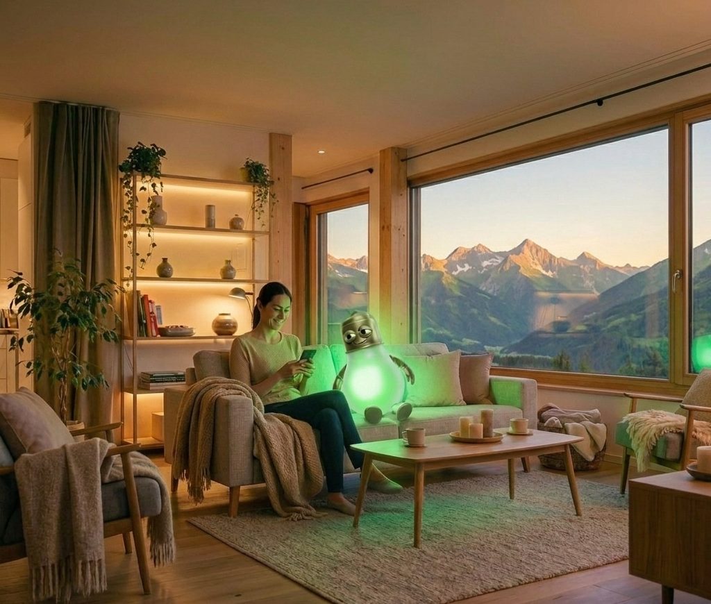 Frau entspannt mit dem Smartphone auf dem Sofa, im Hintergrund die Alpen